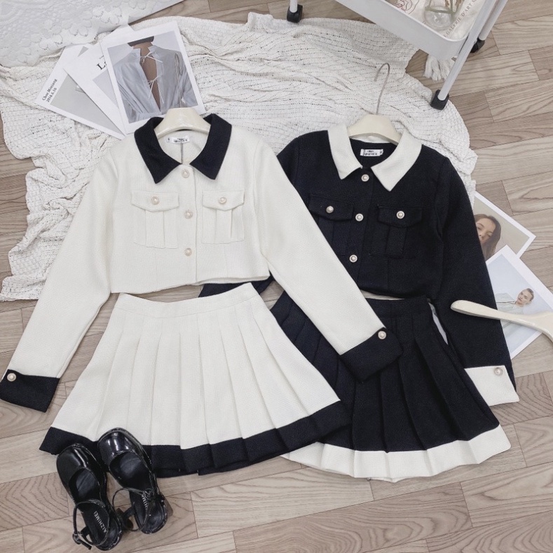 Set Dạ Pha Cổ Túi Hộp phần chân váy Xếp Ly 2 Màu Hàng 2 Lớp | BigBuy360 - bigbuy360.vn