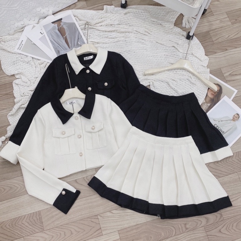 Set Dạ Pha Cổ Túi Hộp phần chân váy Xếp Ly 2 Màu Hàng 2 Lớp | BigBuy360 - bigbuy360.vn