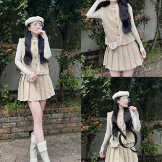 ✔ Set Dạ Gile Phối Lông Viền + áo len ấm Cổ 3cm Mix phần chân váy Dập Ly Màu Siêu Sang