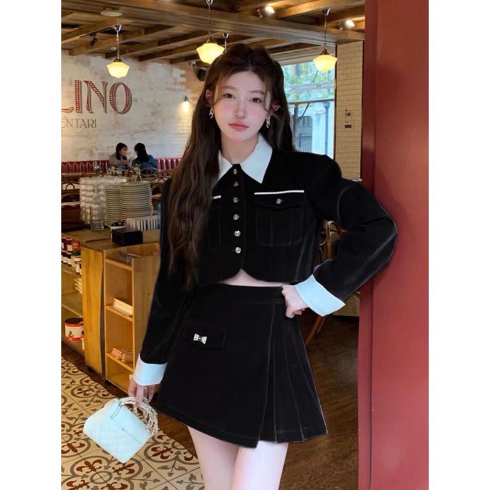 ✔ Set Nhung Phối sơmi Mix Tag Nơ Đá 2 Màu Vintage Siêu Xinh