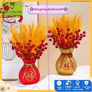 Set Bình Cắm Hoa Túi Tiền Tài Lộc Kèm Cành Đào Đông Đỏ Và Lúa Mạch(Tặng Kèm Dải Treo Tết)