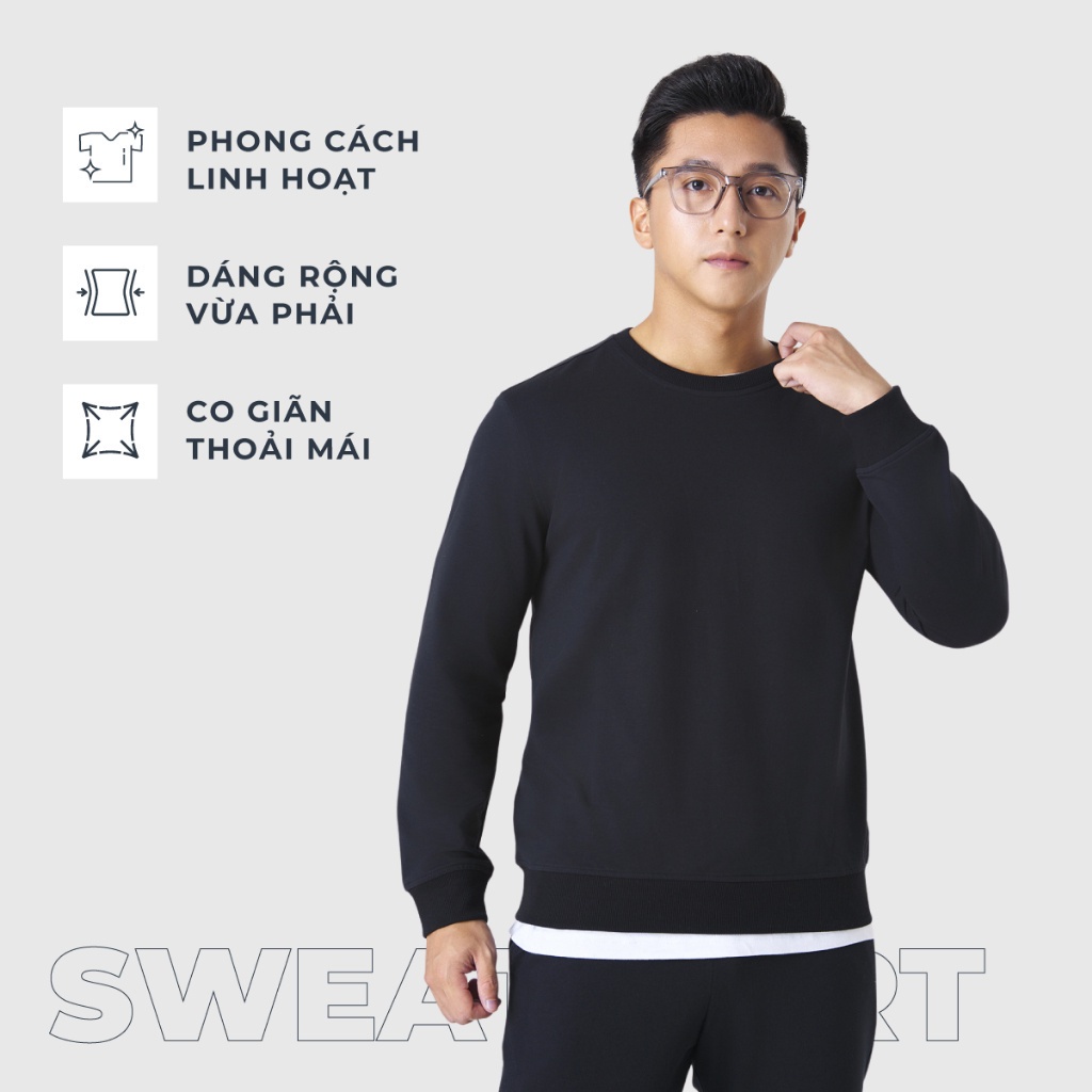 Áo nỉ nam CANIFA dài tay cổ tròn basic bo gấu 8TW23W011