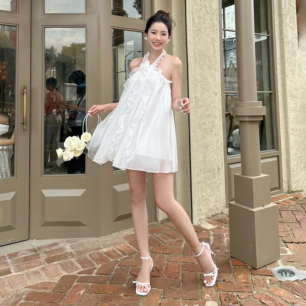 RECHIC Đầm cổ yếm nữ Kendy bèo suông cổ hoa sang trọng tiểu thư