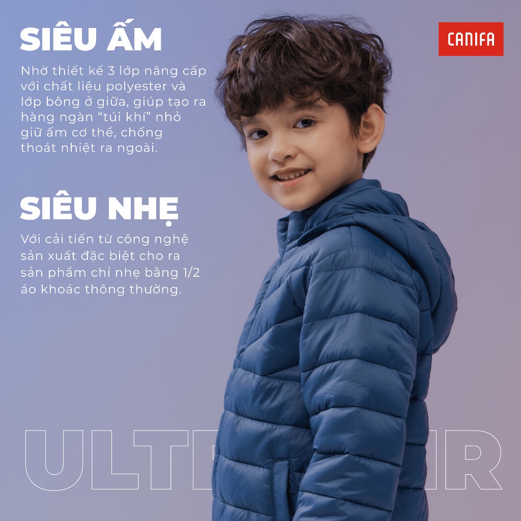 Áo khoác phao cho bé CANINFA chần bông Ultra Air ba lớp có mũ siêu nhẹ cản gió tốt 3OT23W007