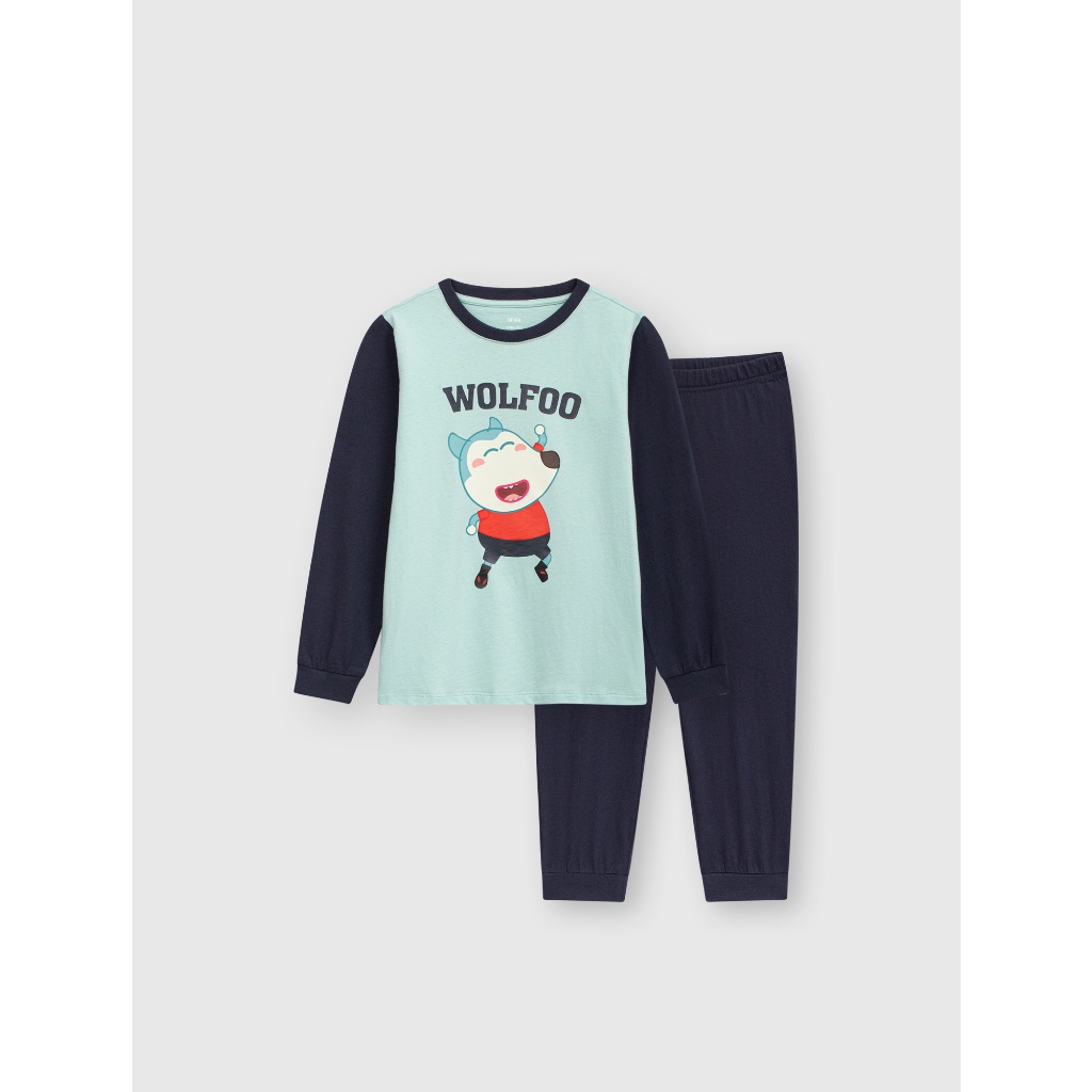 Bộ quần áo bé trai CANIFA chất liệu cotton áo dài tay in hình Wolfoo quần dài cạp chun 2LS23W015