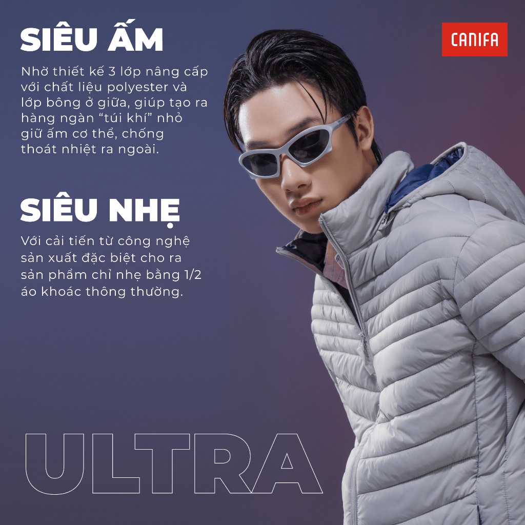 Áo khoác phao nam CANIFA chần bông Ultra Air ba lớp siêu nhẹ siêu ấm có mũ tháo rời 8OT23W030