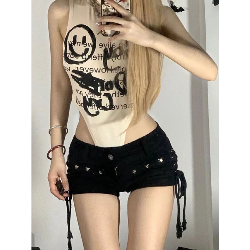 Quần Short denim Màu Đen Phong Cách retro Mỹ Thời Trang Mùa Hè Cho Nữ