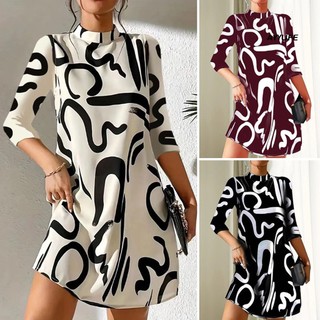 Me.b Đầm mini Tay Dài Cổ Cao In Họa Tiết vintage Mềm Mại Giữ Ấm Mùa Đông Cho Nữ