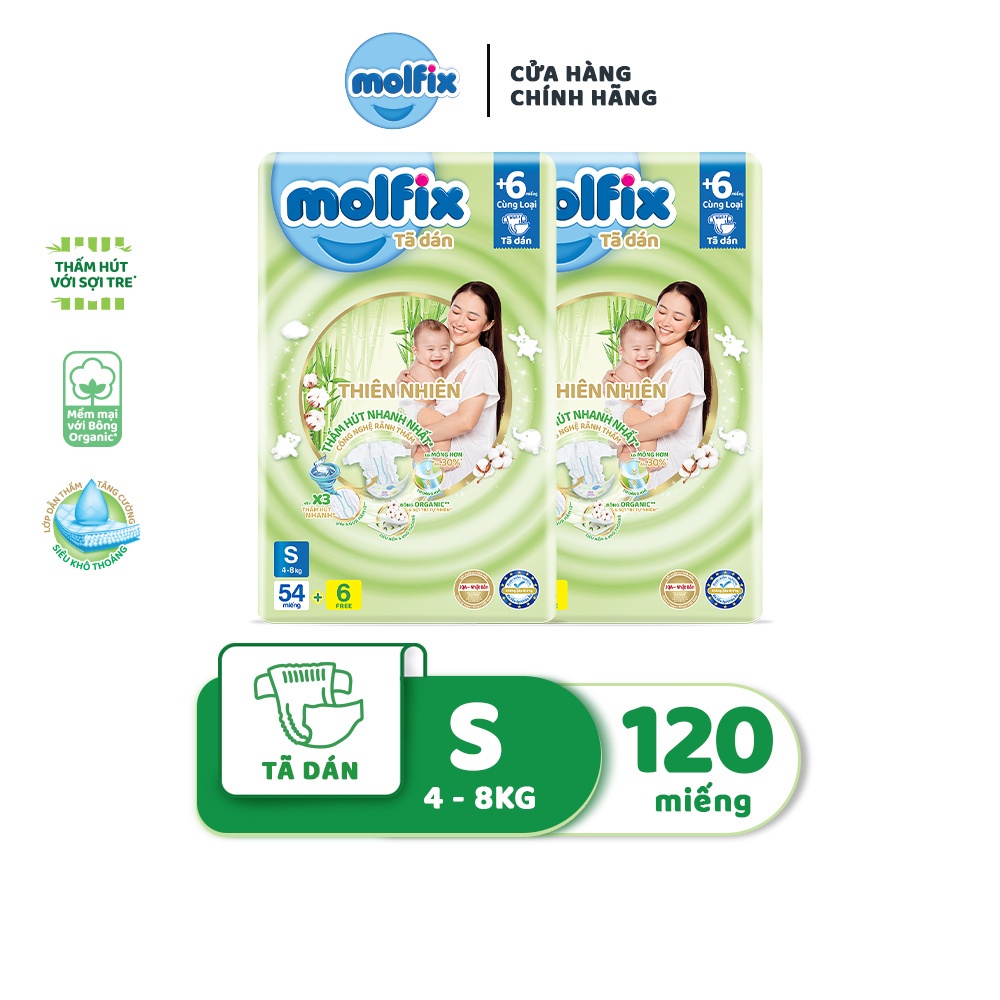 Combo 2 Tã/bỉm dán Moflix Thiên nhiên Jumbo S (4kg - 8kg) - 2 Gói, 120 miếng