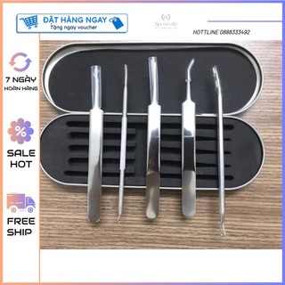 [HN] LOẠI 1 Bộ Nhíp Nặn Mụn LẤY NHÂN MỤN Hộp Sắt 5 món