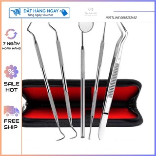 Bộ 5 dụng cụ vệ sinh răng miệng gồm gương soi/thanh nạy nha khoa/dụng cụ nạo/nhíp bằng thép không gỉ