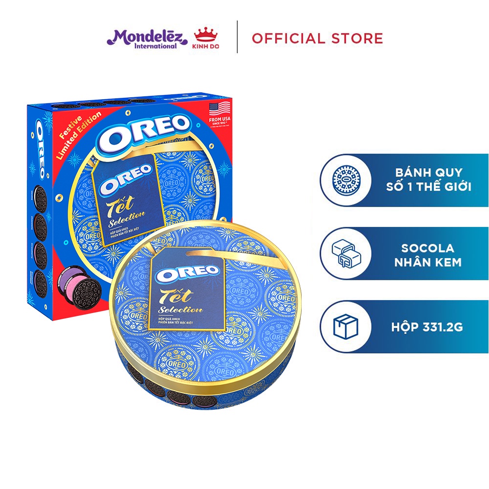 [MUA 2 GIẢM THÊM 15K] Hộp quà Tết bánh quy OREO, hộp thiếc 331.2g 12-14/12