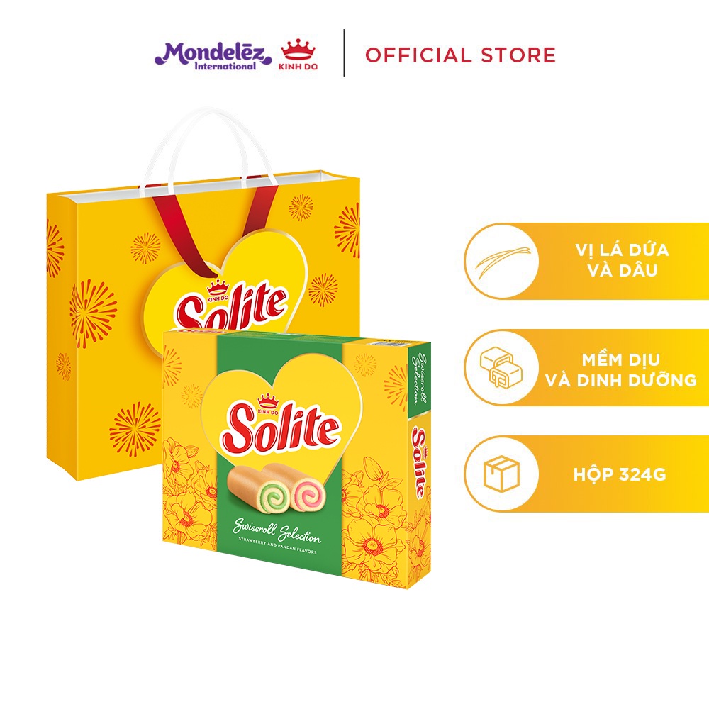 Bánh bông lan Solite cuộn kem vị lá dứa và vị dâu, hộp quà Tết 324g