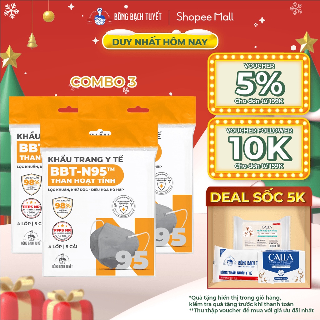 Combo 3 Gói Khẩu Trang Bông Bạch Tuyết N95 Than Hoạt Tính (5 cái/gói)