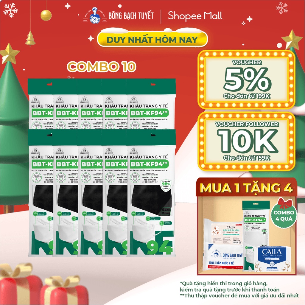 Combo 10 Hộp Khẩu trang Bông Bạch Tuyết KF94 4 lớp - Đen (10 cái/gói)