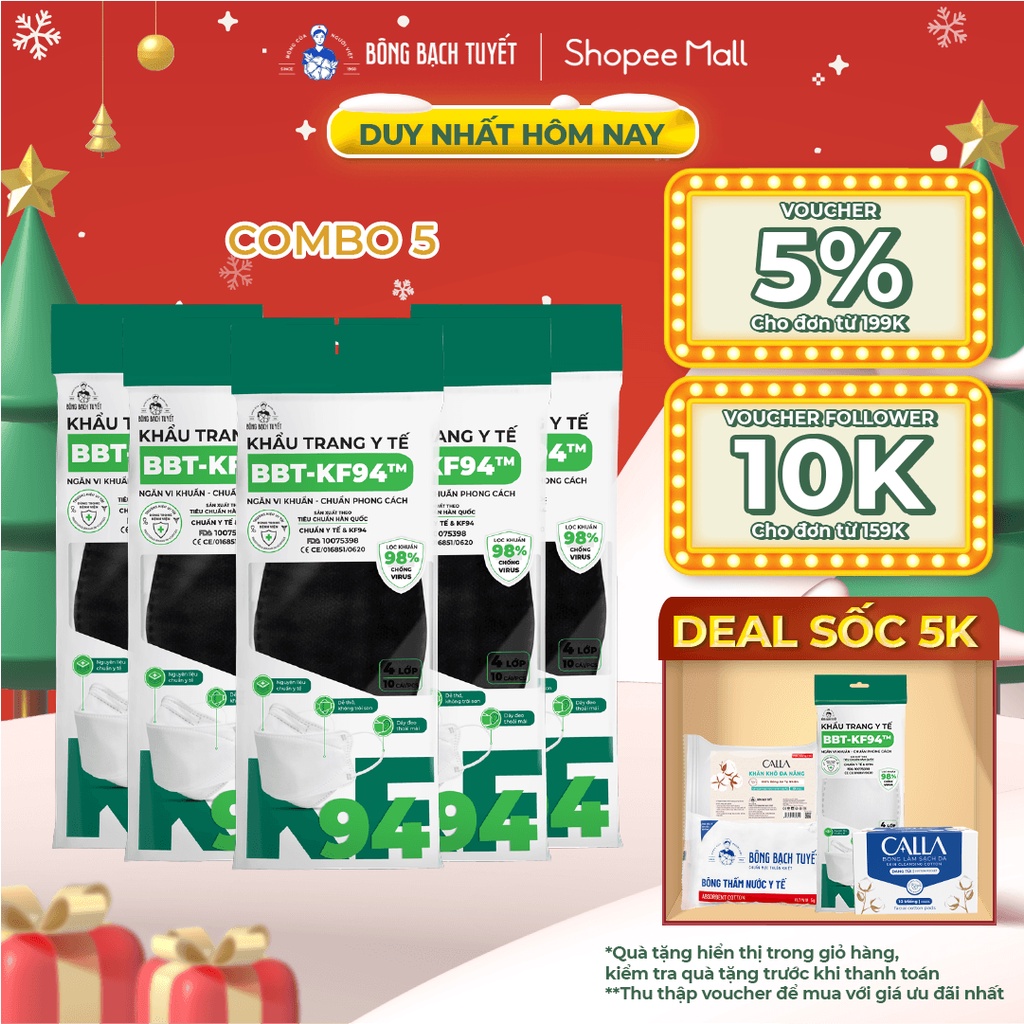 Combo 5 Gói Khẩu trang Bông Bạch Tuyết KF94 4 lớp - Đen (10 cái/gói)