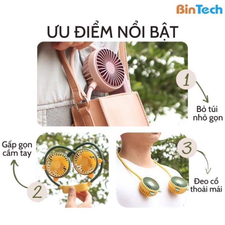 Quạt đeo cổ mini làm mát thông minh 360 độ - Quạt treo cổ tích điện 3 chế độ pin 4000mAh sạc USB tiện lợi