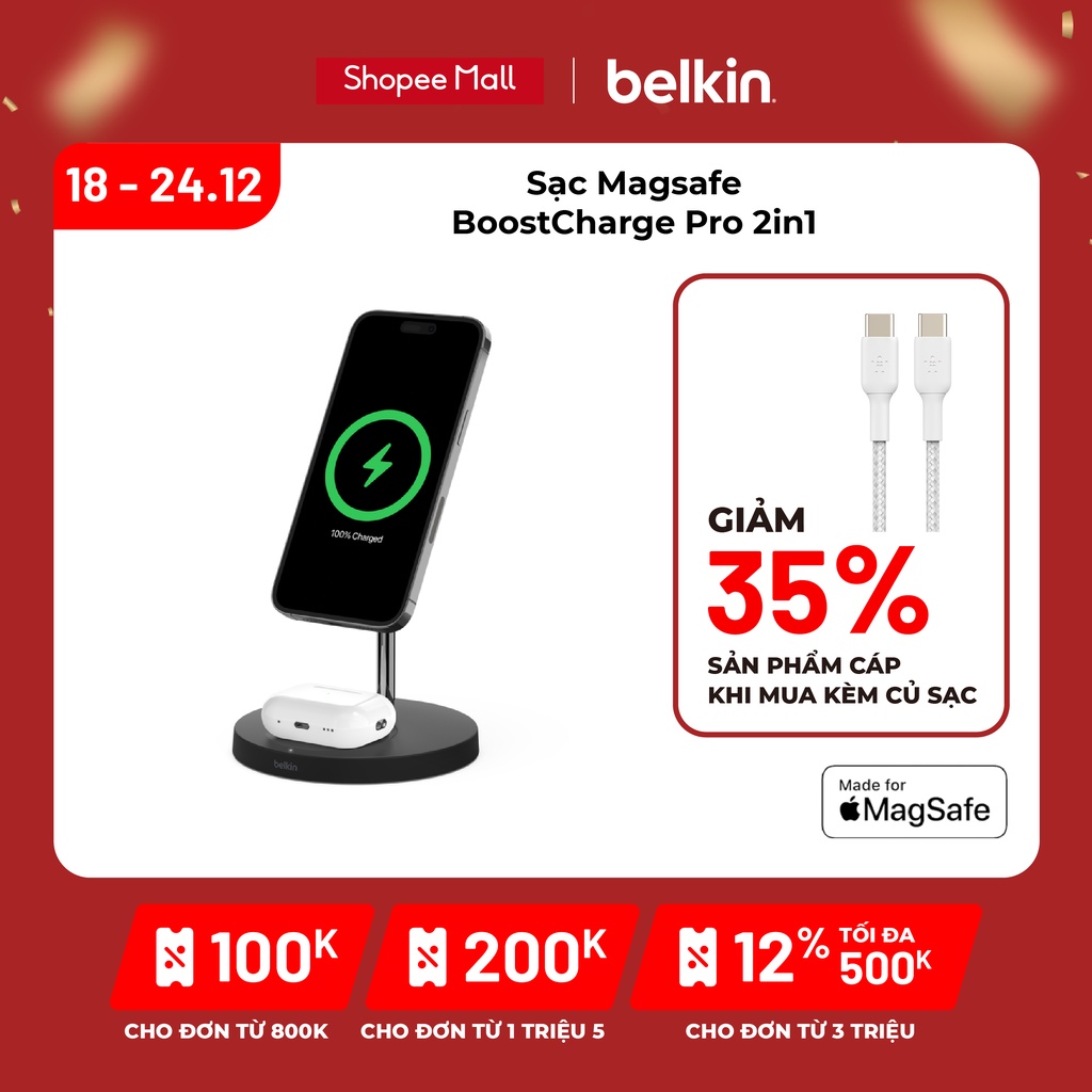 Đế sạc không dây Mag-safe 2 trong 1 BOOST↑CHARGE™ Belkin 15W, kèm sạc - WIZ010