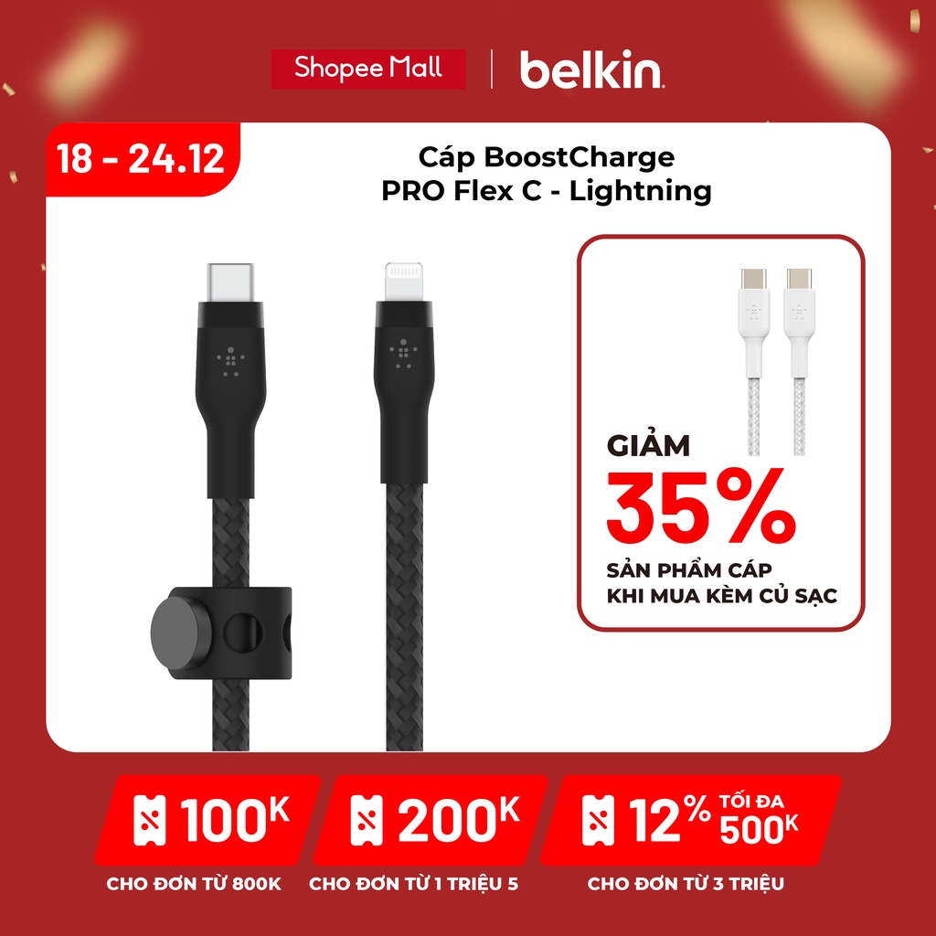 Cáp sạc USB Type C - Lightning BOOSTCHARGE PRO Flex Belkin vỏ silicone bọc dù 60W CAA011