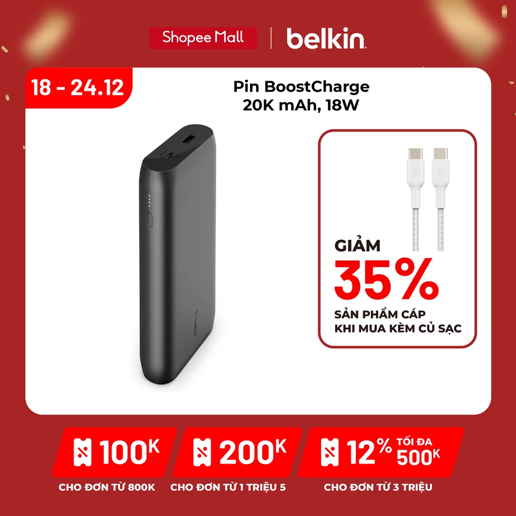 Pin sạc dự phòng Polyme Pocket Power Belkin 20.000 mAh, sạc nhanh USB-C PD 30W BPB002