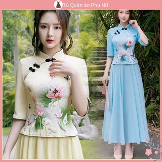 Ch t l ng m d ng r ng bộ sườn xám cách tân trung hoa tay lửng phong cách trung hoa thời trang xuân hè cho nữ