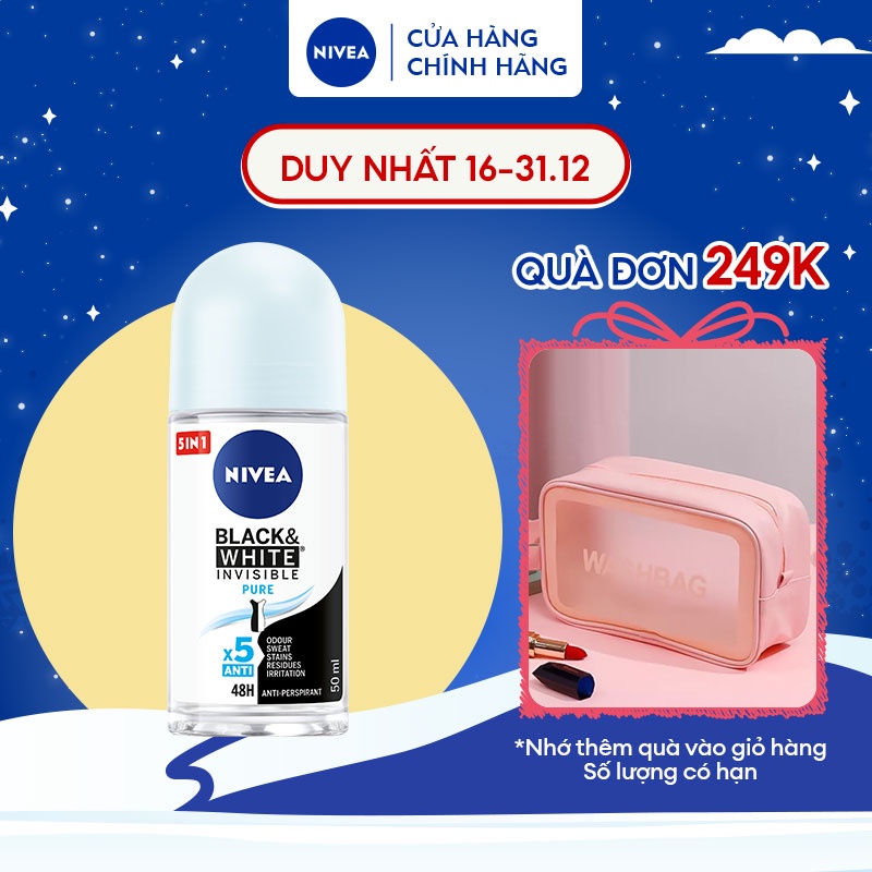 Lăn Ngăn Mùi NIVEA Black&White Ngăn Vệt Ố Vàng Vượt Trội - Thanh Mát Dịu Nhẹ (50 ml) - 82234