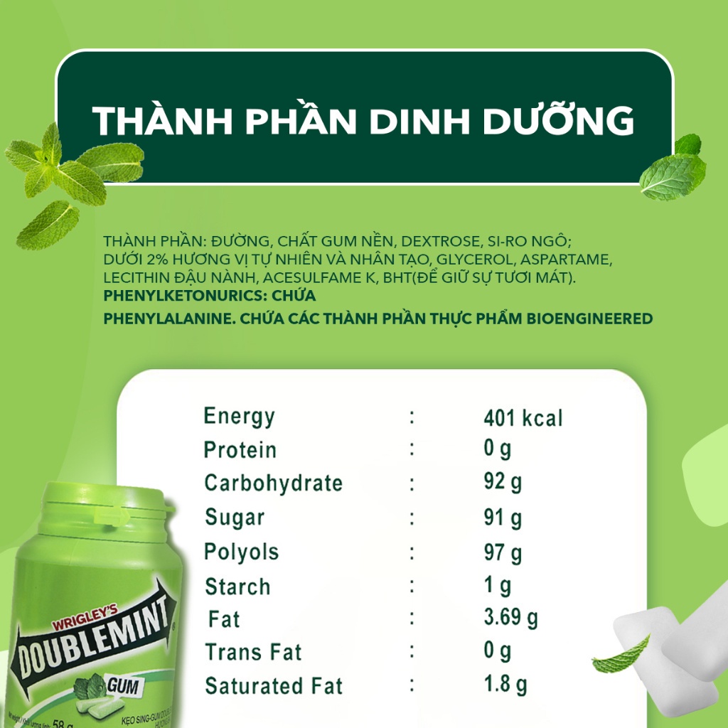 Combo 4 hũ kẹo Sing-gum Doublemint hương bạc hà hũ 40 viên