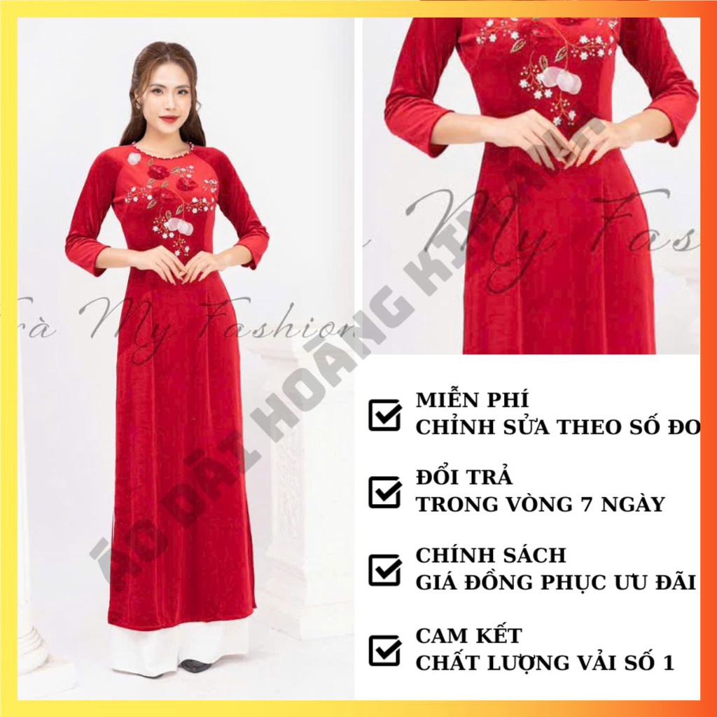 Áo dài nhung truyền thống đính hoa đỏ, Áo dài nhung thiết kế cổ tròn đính ngọc hoa dây trắng sang trọng quý phái
