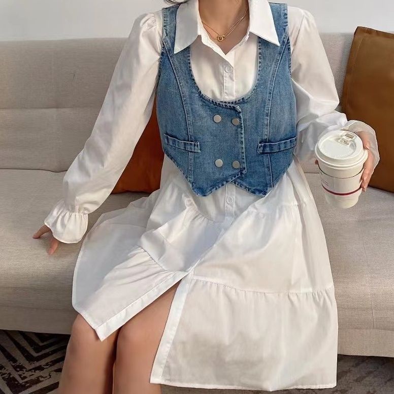 Set Áo Sơ Mi Trắng Và Đầm Yếm Jeans Xinh Xắn Cho Bé Gái f12.19