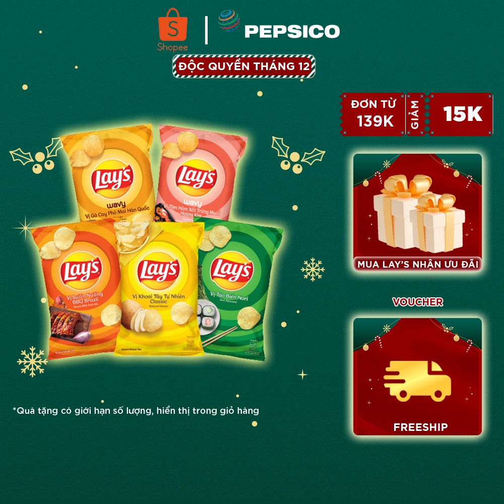 Combo 5 gói Lay's Vị Classic, Sườn Nướng, Tảo Biển Nori, Gà Cay Phô Mai, Tôm Hùm Trứng Muối