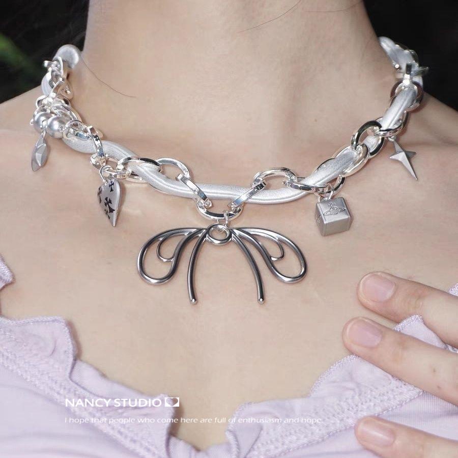 Dây Chuyền Bạc Mặt Hình Nơ / Trái Tim Đơn Giản Thời Trang Cho Nữ