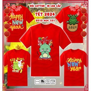 Áo thun tết giáp thìn 2024, áo thun tết gia đình 2024 năm con rồng, vải dày mịn mát, in cao cấp-Có size Bé, 145 mẫu tết