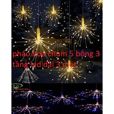 Dây Đèn RÈM LED Pháo Hoa 3 tầng led Chùm 5 BÔNG DÀI 3 MÉT- Màu Vàng, Đủ Màu Trang trí Siêu Đẹp