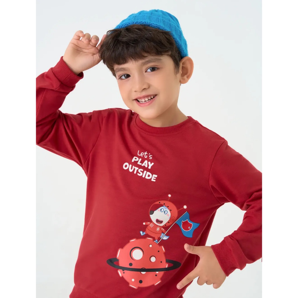 Bộ quần áo bé trai CANIFA áo dài tay in hình wolfoo quần dài cạp chun 2ST23W003