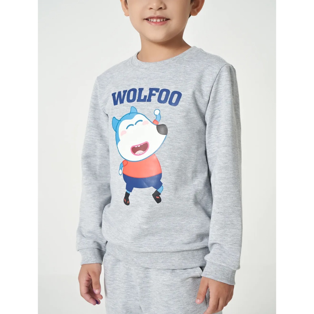 Bộ quần áo bé trai CANIFA áo dài tay in hình wolfoo quần dài cạp chun 2ST23W003