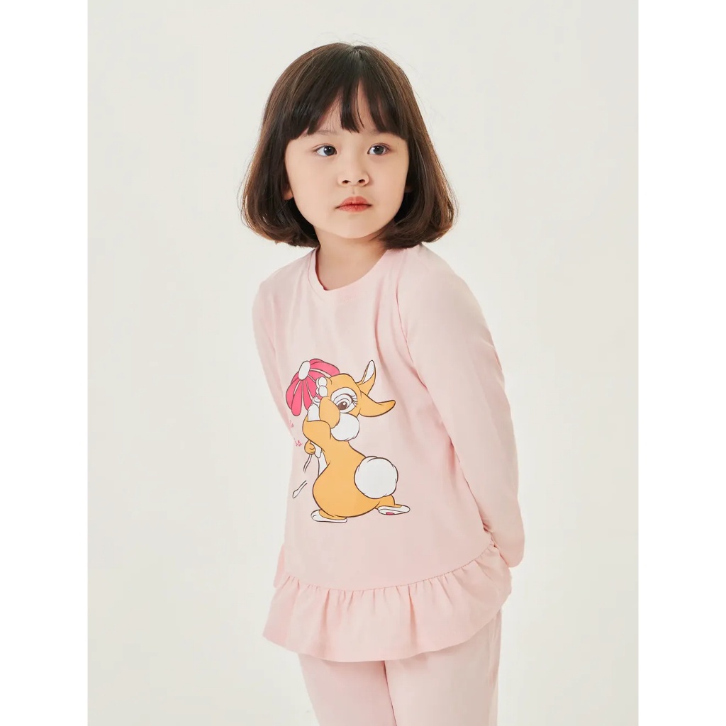 Bộ mặc nhà bé gái CANIFA áo dài tay cổ tròn vạt bèo nhún quần dài 1LS23W010