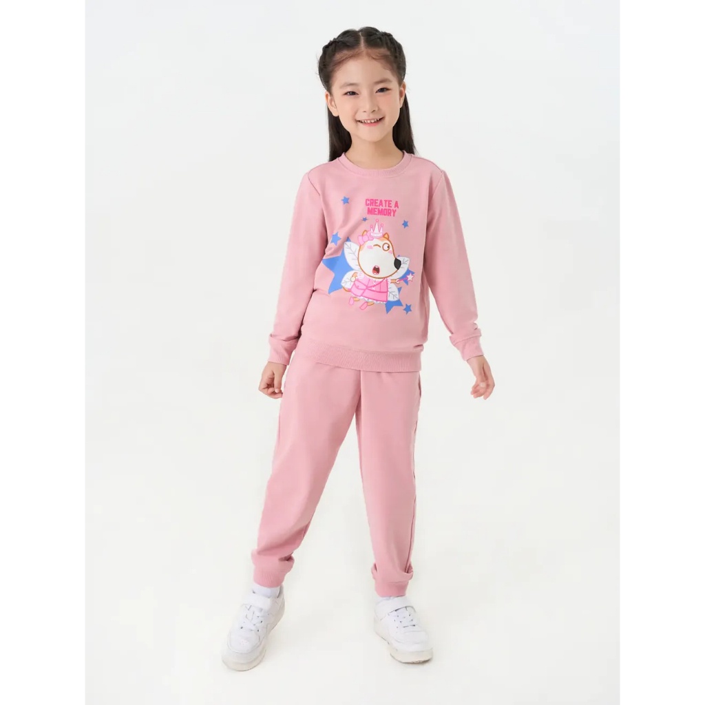 Bộ quần áo nỉ bé gái CANIFA áo dài tay in hình Wolfoo quần dài cạp chun 1ST23W002