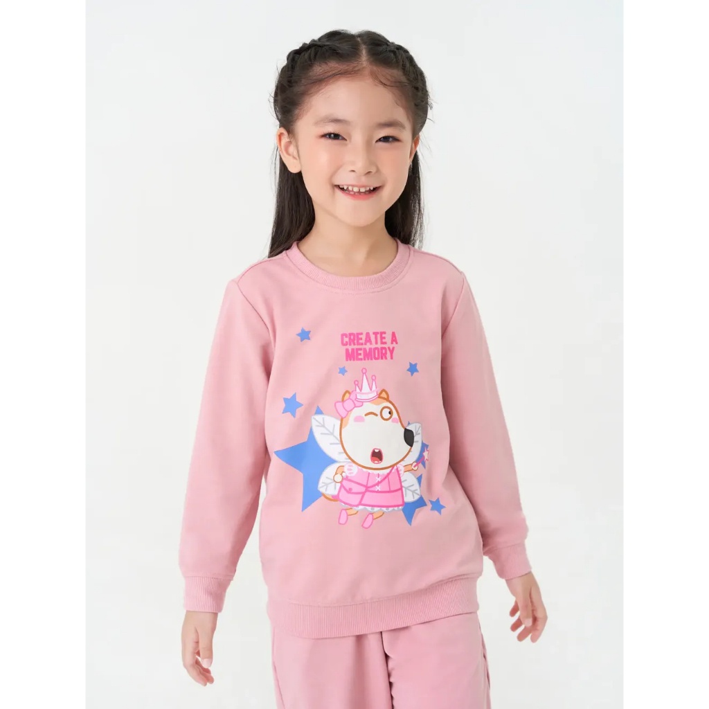 Bộ quần áo nỉ bé gái CANIFA áo dài tay in hình Wolfoo quần dài cạp chun 1ST23W002