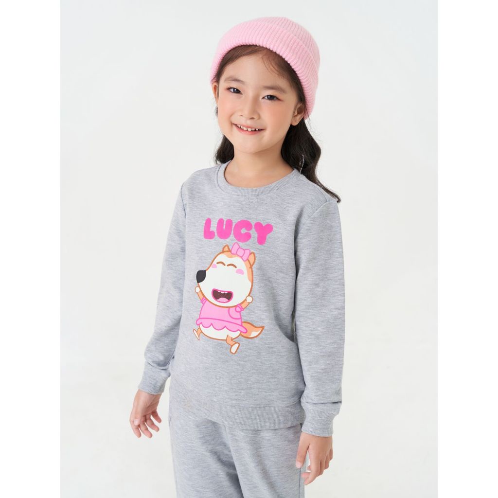 Bộ quần áo nỉ bé gái CANIFA áo dài tay in hình Wolfoo quần dài cạp chun 1ST23W002