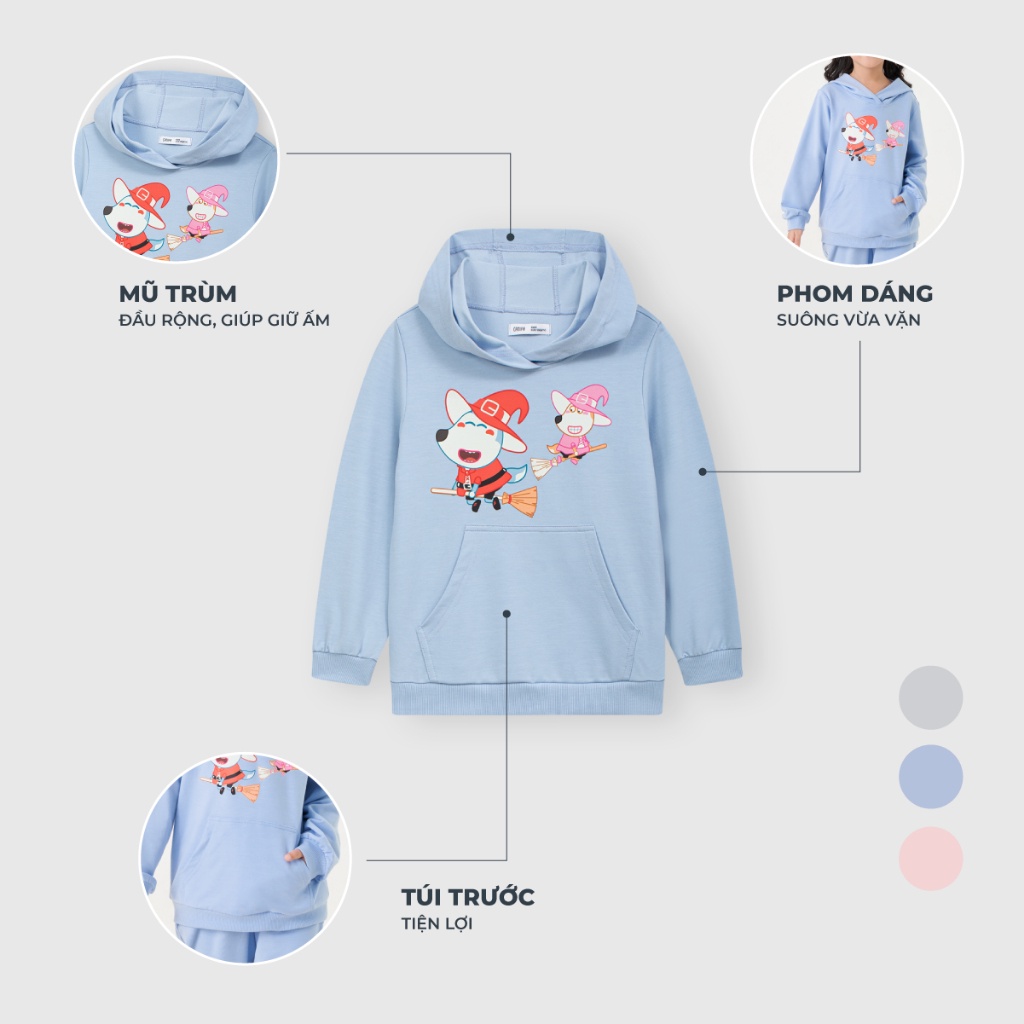 Áo nỉ bé gái CANIFA áo hoodie có mũ dài tay in hình Wolfoo 1TW23W003