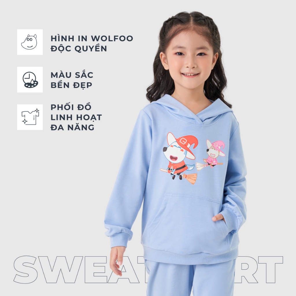 Áo nỉ bé gái CANIFA áo hoodie có mũ dài tay in hình Wolfoo 1TW23W003