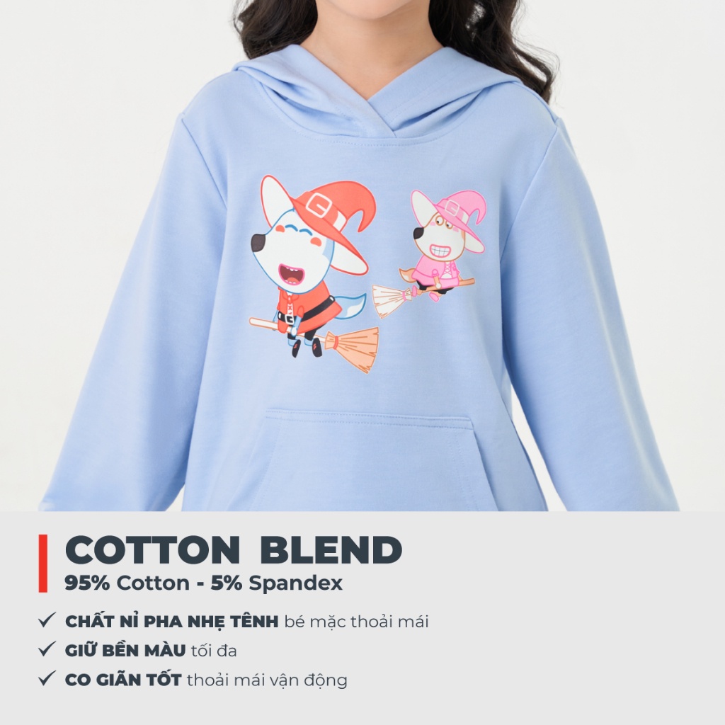 Áo nỉ bé gái CANIFA áo hoodie có mũ dài tay in hình Wolfoo 1TW23W003