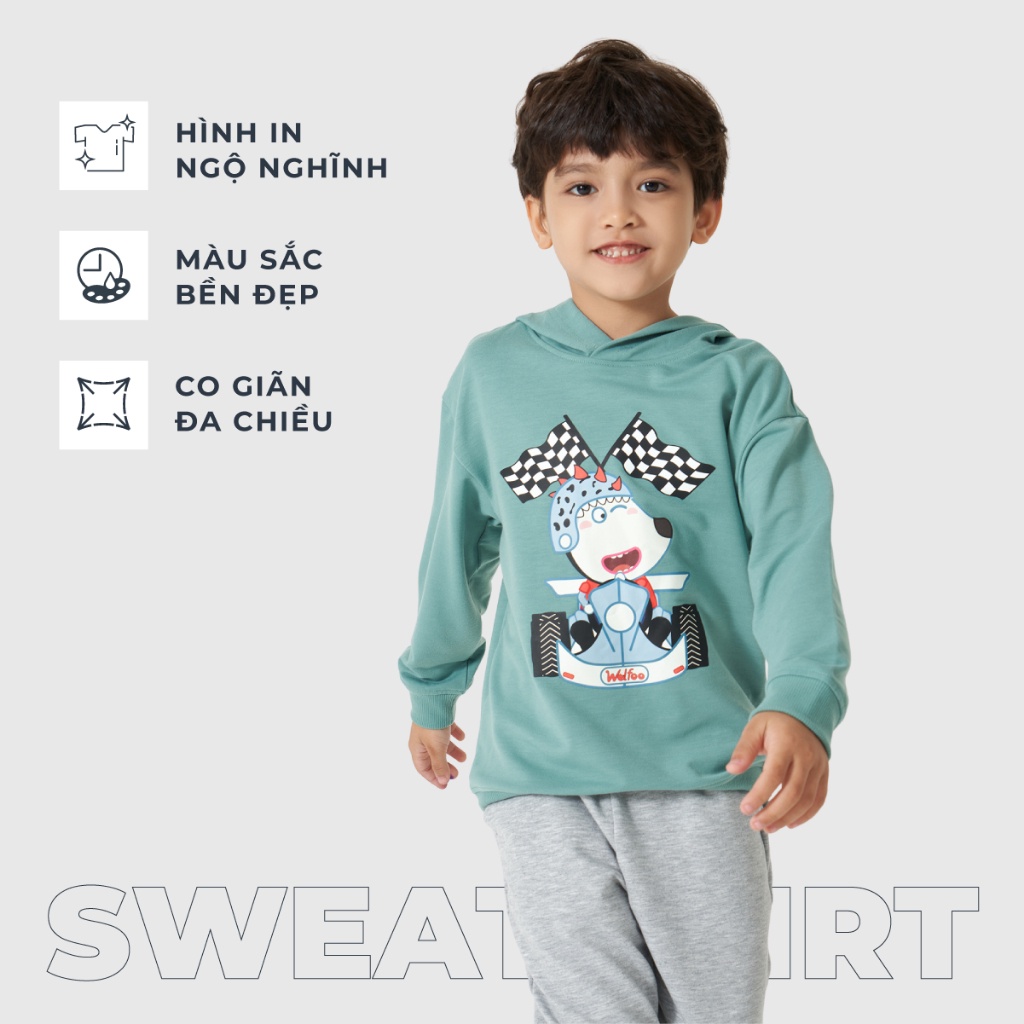 Áo nỉ bé trai CANIFA áo hoodie có mũ in hình Wolfoo 2TW23W004