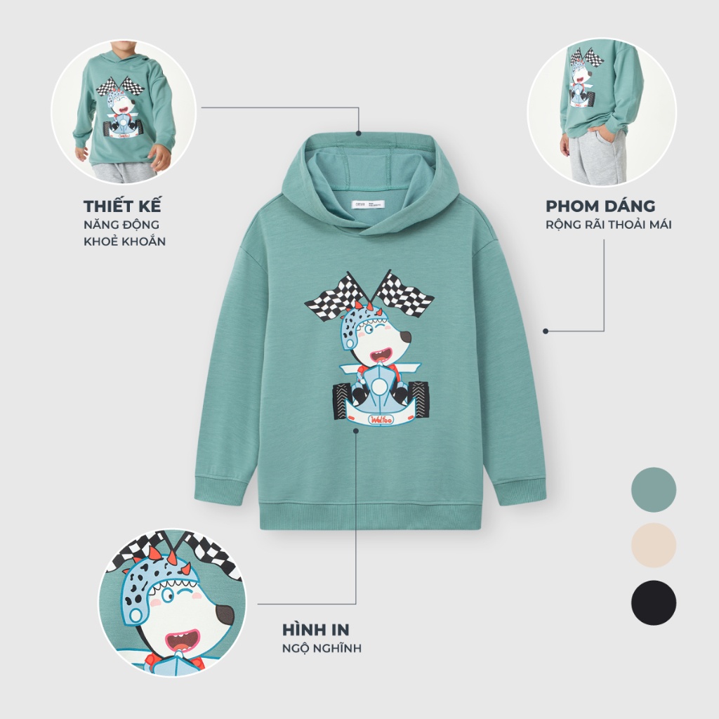 Áo nỉ bé trai CANIFA áo hoodie có mũ in hình Wolfoo 2TW23W004