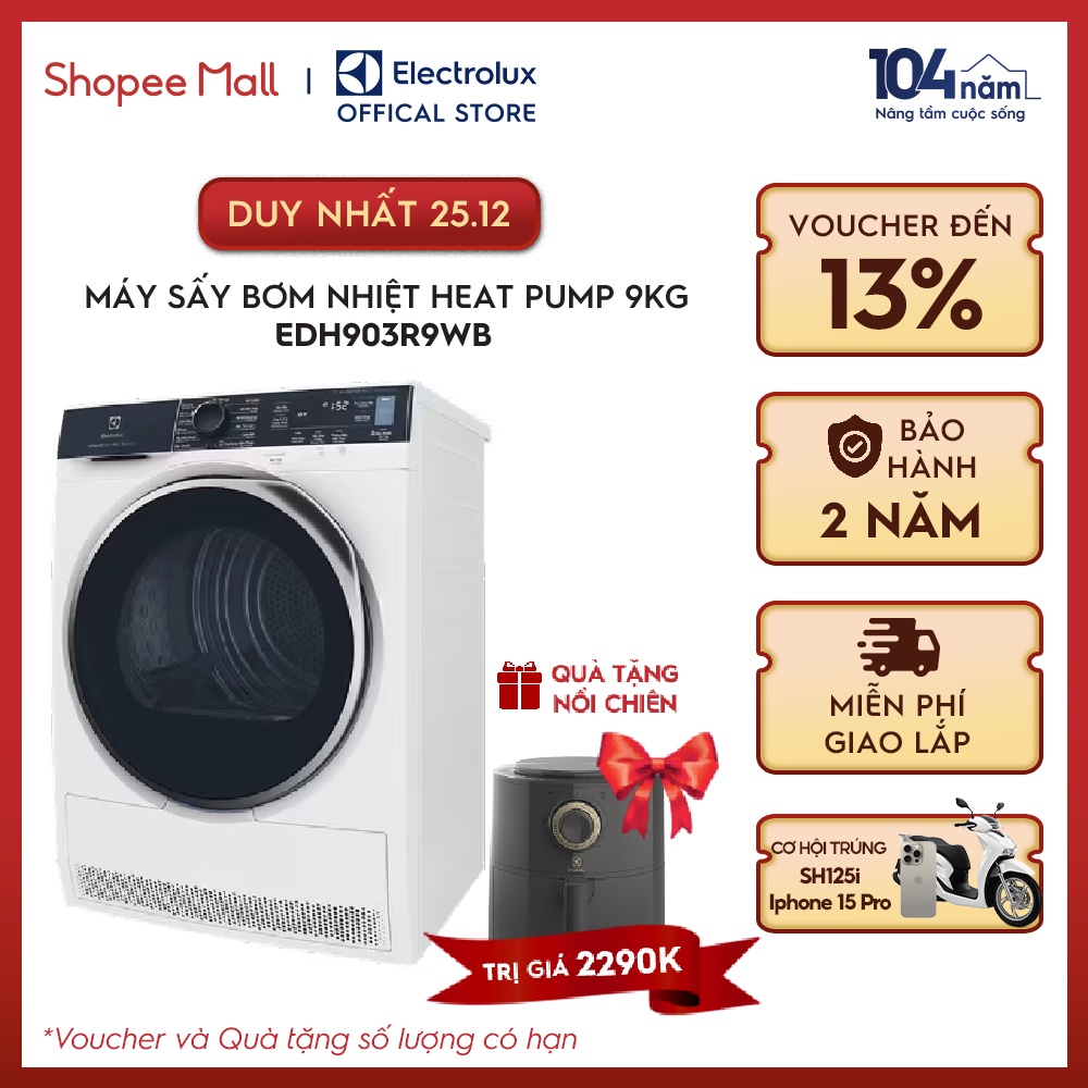 Máy sấy bơm nhiệt Electrolux Heat Pump 9kg UltimateCare 900 - EDH903R9WB - Miễn Phí Lắp Đặt