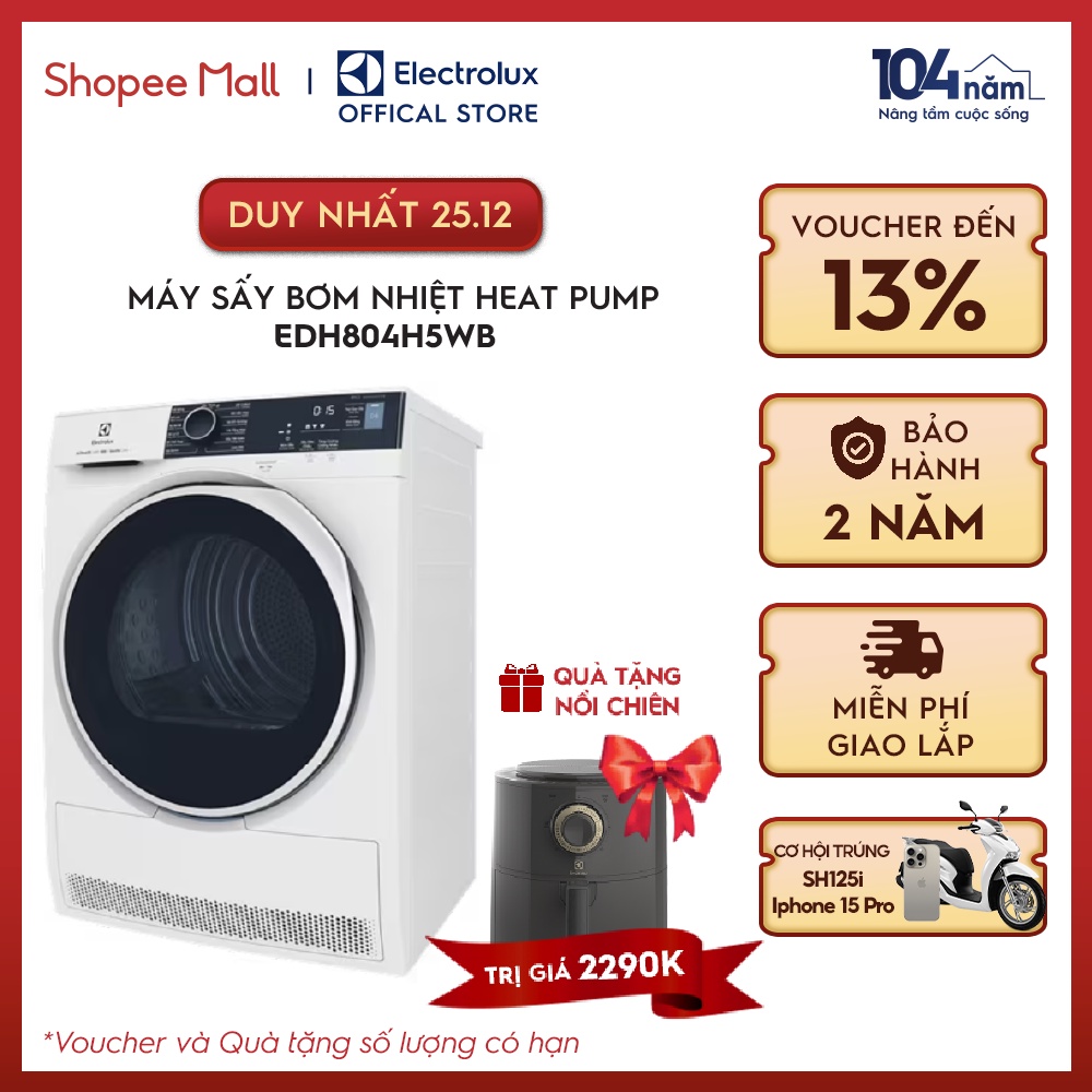 Máy sấy bơm nhiệt Electrolux Heat Pump 8kg UltimateCare 500 - EDH804H5WB
