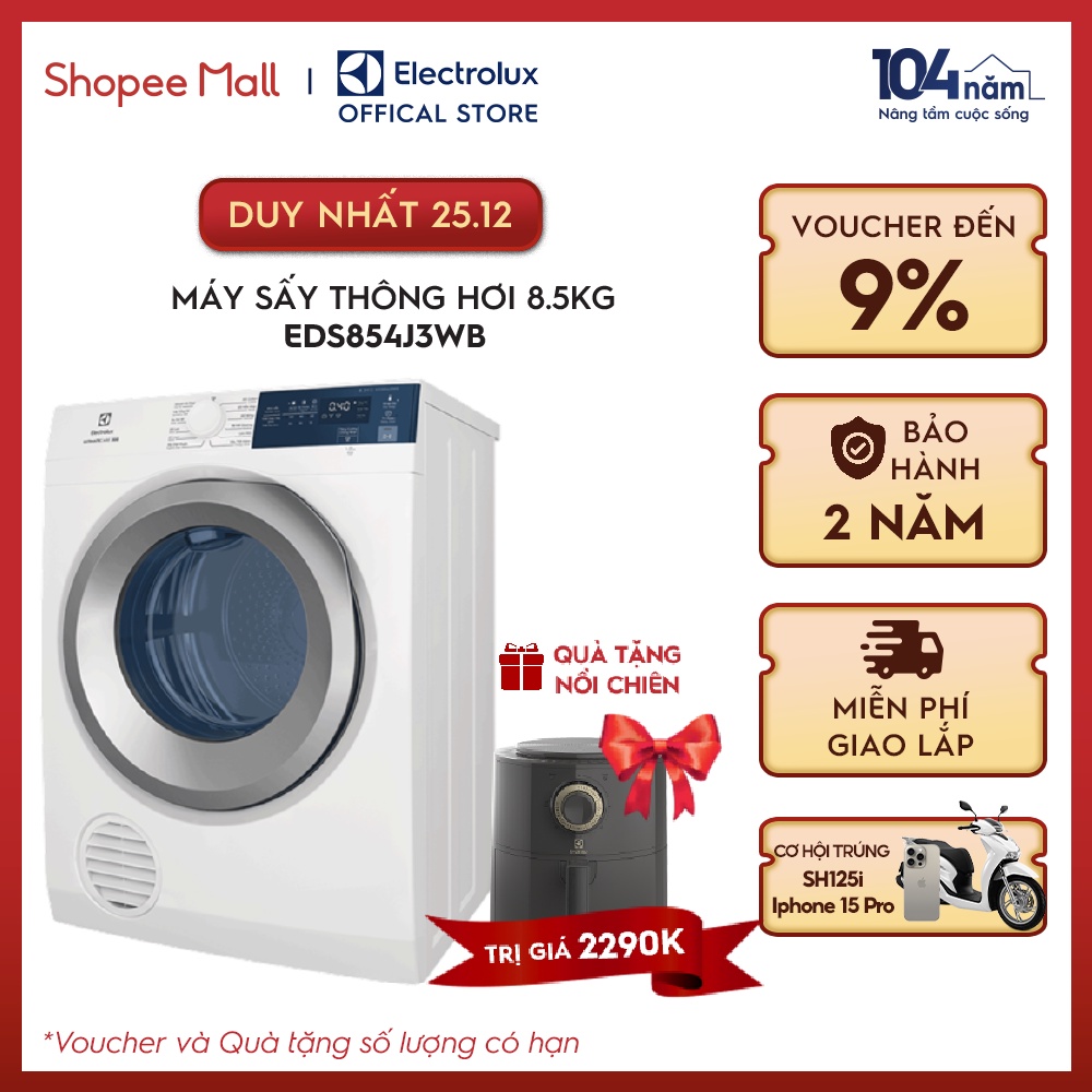 Miễn phí giao lắp toàn quốc - Máy sấy thông hơi Electrolux 8.5kg UltimateCare 300 - EDS854J3WB - Làm mới áo quần