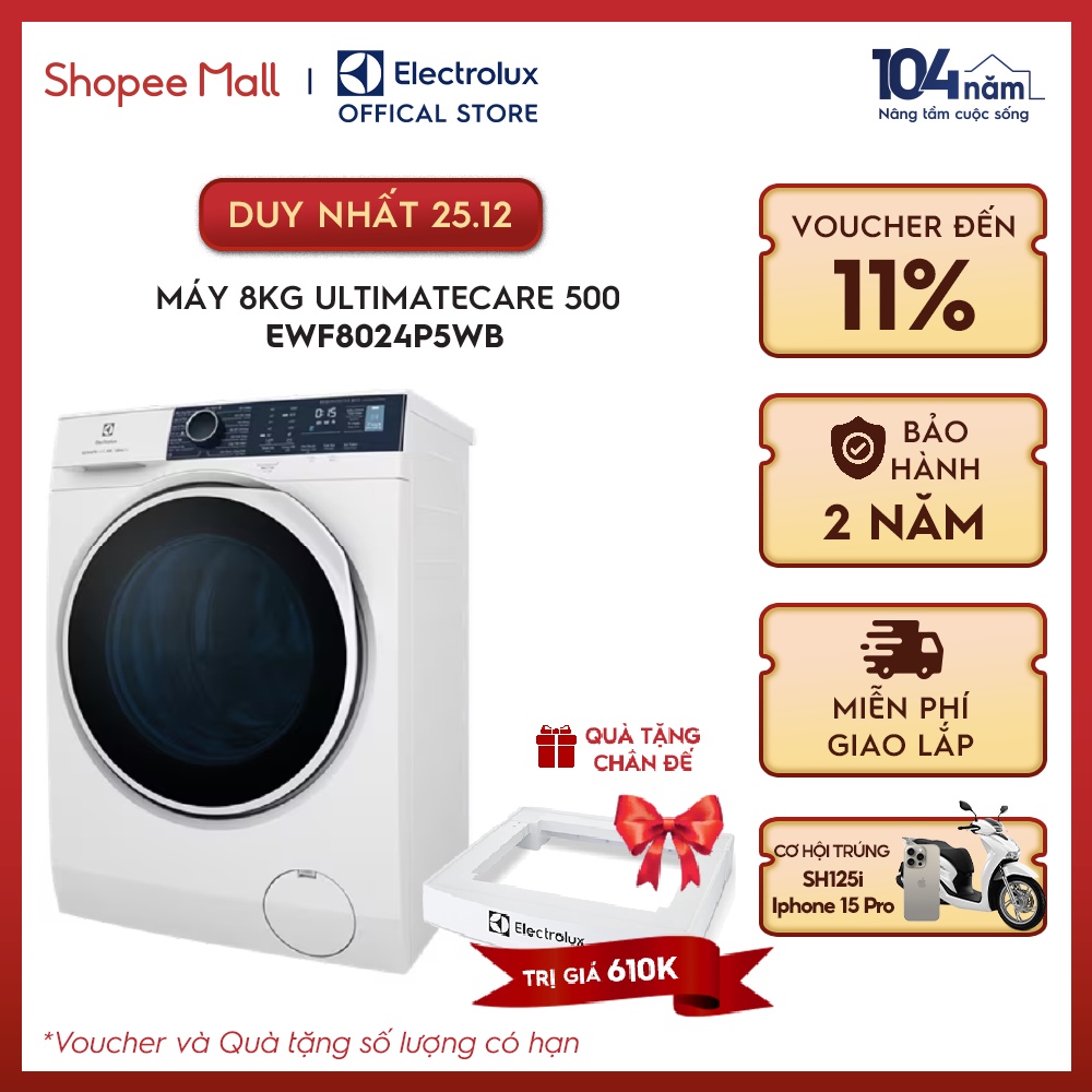 Chỉ giao miền Nam-Free giao lắp- Máy giặt cửa trước Electrolux 8kg UltimateCare 500 - EWF8024P5WB-Diệt khuẩn, giặt sạch