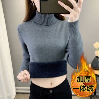 Áo sweater cổ cao lót lông cừu dày dặn thời trang mùa đông cho nữ