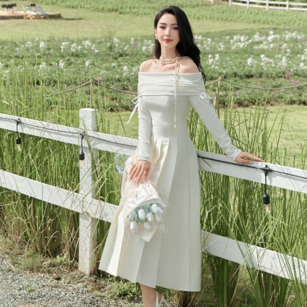 Váy Đầm Nữ Trễ Vai Dáng Dài Chất Vải Len Co Giãn 4 Chiều Xếp Li Che Khuyết Điểm 2 LỚP Thiết Kế - Mayu boutique